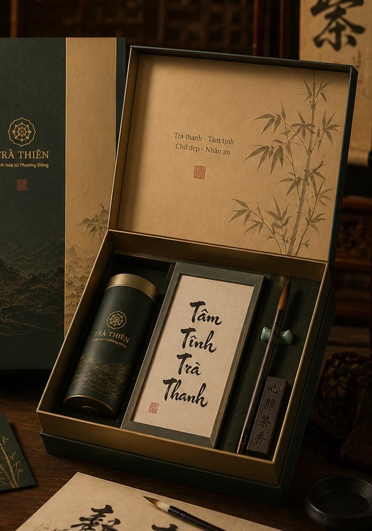Hộp Trà Thiền — Khởi đầu tinh tế — trà tuyển và chén gốm men tro.