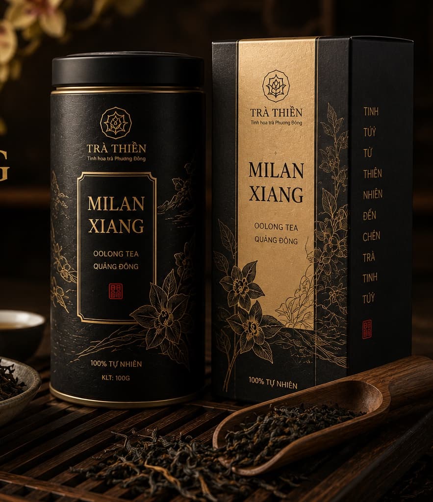Lon và hộp trà Milan Xiang Ô Long của Trà Thiền bên lá trà khô, chụp studio nền tối ánh sáng bên